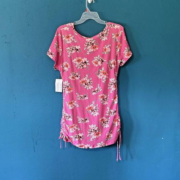 Bobbie Brooks Pink Floral Print Tunic Top w/ Stretch Side Drawstring - Large - Picture 8 of 9